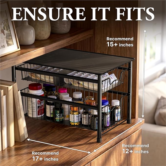Simple Houseware Stackable Sliding Basket Organizer Drawer, Black, 2-Tier - Image 3