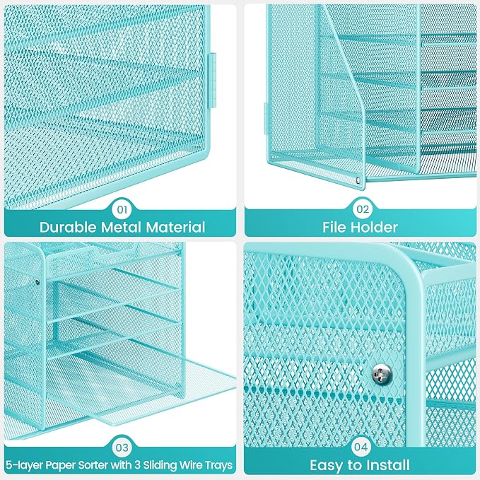 Lavatino 5-Tier Metal Mesh Desk Organizer with File Holder & 7 Customizable Compartments | Paper Letter Tray for Office or Home Desk Storage | Keep Workspace Supplies Neat & Organized, Blue - Image 7
