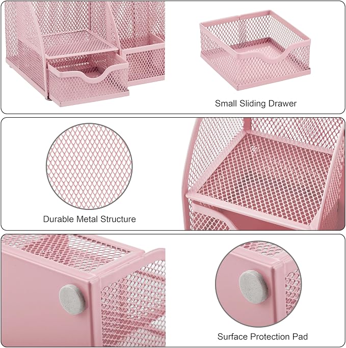 Exerz Desk Organizer 7 Compartments Metal Mesh Pen Holder Caddy Light Pink | Soft Color Desktop Storage for Notes Clips Scissors Rulers Craft Tools Makeup Study and Home Use - Image 4