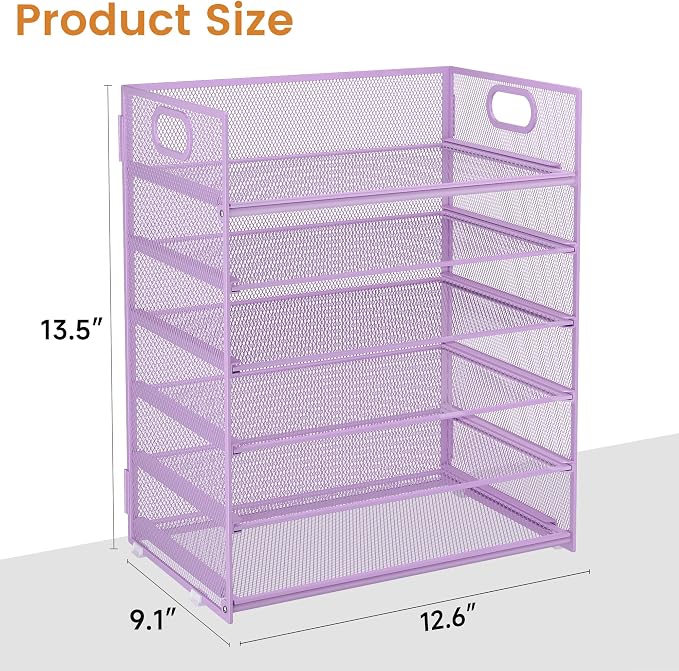 Subekyu 6 Tier Paper File Tray Organizer for Desk, Purple Mesh Desk Letter Paper File Folder Accessories Sorter Organizer with Handle, Stackable Slide Tray for Office, Home or School Supplies Storage - Image 6