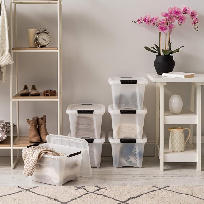 IRIS USA 6-Pack 19 Quart Storage Bins with Lids, Pearl | Conceals contents for a clean look. Great for linens, décor, closet storage, and supplies. Nestable design saves space - Image 4
