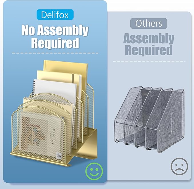 Delifox Inclined Desk File Organizer,Vertical File Folder Holder Stand Metal Rack File Sorter for Office Classroom Desktop Organization (1, Gold, 5) - Image 4