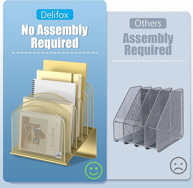 Delifox Inclined Desk File Organizer,Vertical File Folder Holder Stand Metal Rack File Sorter for Office Classroom Desktop Organization (1, Gold, 5) - Image 4