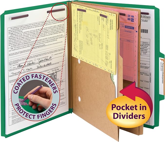 Smead Pressboard Classification File Folder with SafeSHIELD Fasteners, 2 Pocket Dividers, 2" Expansion, Letter Size, Green, 10 per Box (14083) - Image 2