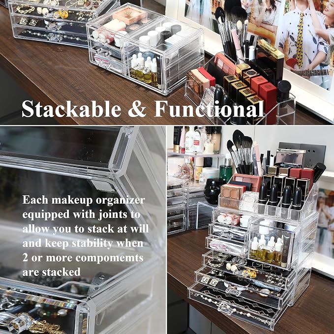Sea Team 3-Tier Stackable Clear Acrylic Makeup Organizer with Drawers | Cosmetic Display Case, Jewelry Storage Box, 7 Drawers and 1 Lipstick Holder, Ideal for Vanity, Dresser, Bathroom, Countertop - Image 6