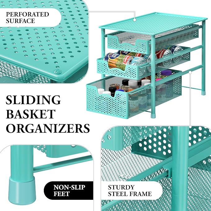 Simple Houseware Stackable 3 Tier Slide Basket Organizer Drawer, Turquoise - Image 4