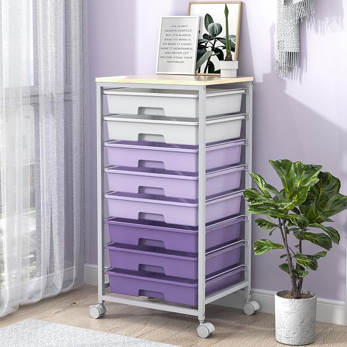SYKIARIOL Rolling Cart with Drawers,8 Drawers Storage Cart,Purple | Craft Organizers and Storage with Wooden Tabletop for Living Room,Classroom,Bedroom,Bathroom,Dorm,Office by SYKIARIOL