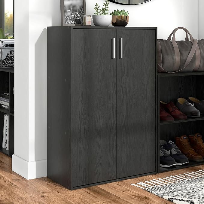 Homes: Inside + Out Apexa 3-Tier Stackable Wood Bookcase with Doors, Cube Storage Organizer Shelves, Small Food Pantry Cabinet, Dorm Teen Room Decor & Bedroom, Home Office, Kitchen, Black - Image 2