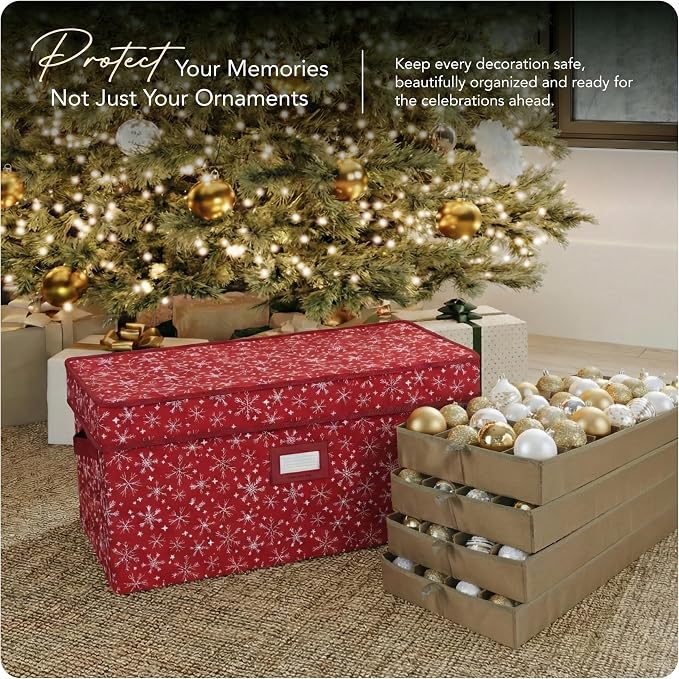 Covermates Keepsakes Adjustable Ornament Storage Box – Heavy-Duty Polyester, Padded Dividers & FlexGrid Trays – Protective Holiday Organizer with Stackable Walls & Label Window, Red Snowflake - Image 2