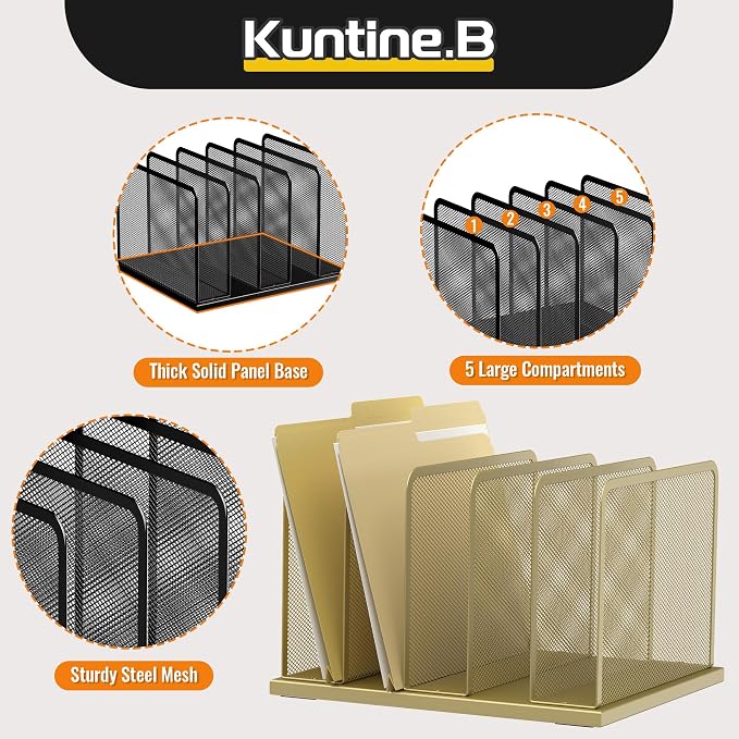 Kuntine.B 5-Section Upright Desk File Organizer Gold 1 Pack | Vertical, Mesh, Metal, Assembly, Stability, Sturdiness, Organization, Standing - Image 4