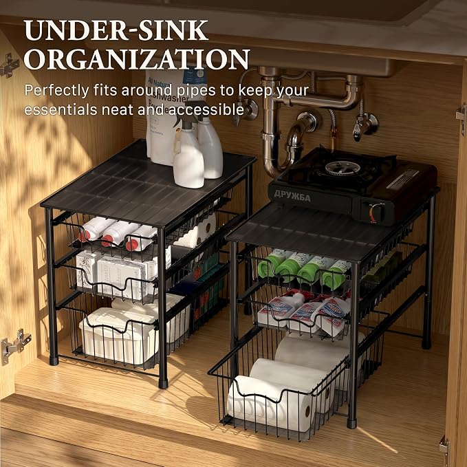 Simple Houseware Stackable 3 Tier Sliding Basket Organizer Drawer, Black - Image 6