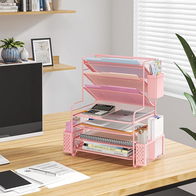 Simple Trending 7 Tier Desk File Organizer, Letter Tray Paper Organizer with Pen Holder and Metal Hanging Basket, Pink - Image 6