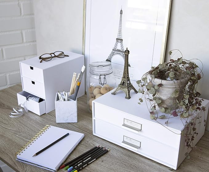 Bigso Box of Sweden Ingrid 3-Drawer Fiberboard Desk Organizer for Office Supplies and Accessories - Stackable Makeup Drawer Organizer - 6.3in x 9.9in x 8.1in - White - Image 2
