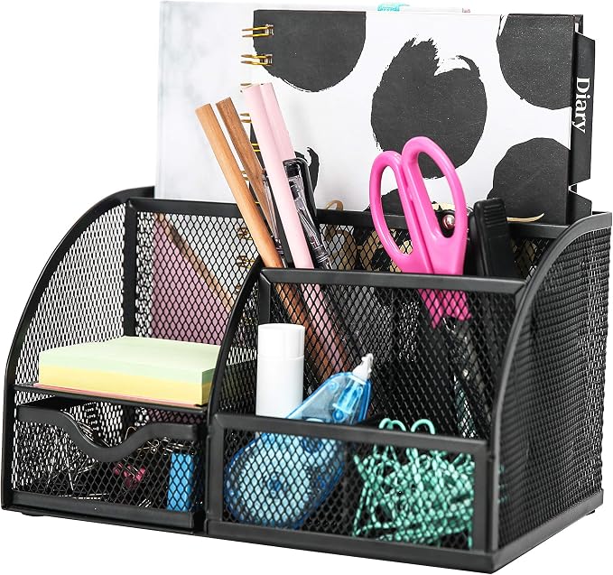 Exerz Desk Organizer 7 Compartment Pencil Holder Office Tidy Caddy Black | Metal Mesh Caddy for Pens Notes Paper Clips and Small Desk Items Compact Stylish for Home Office Study by Exerz