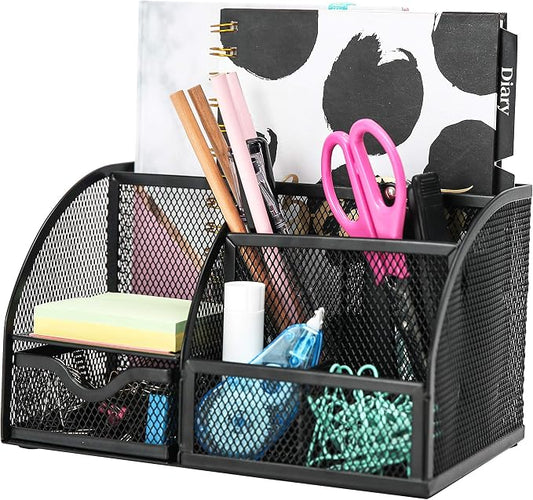 Exerz Desk Organizer 7 Compartment Pencil Holder Office Tidy Caddy Black | Metal Mesh Caddy for Pens Notes Paper Clips and Small Desk Items Compact Stylish for Home Office Study by Exerz