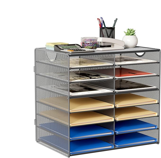 EasyPAG Paper Trays for Classroom 14 Tier Mesh Desk Organizer Shelves with Handle A4/Letter Size File Folder Organizer Shelf for Office, School, Home, Silver by EasyPAG