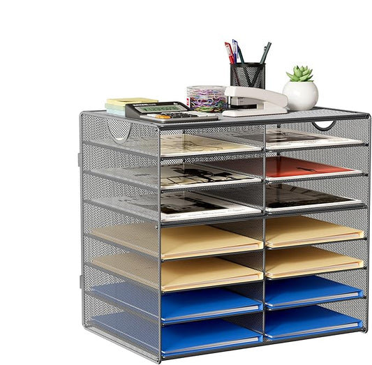EasyPAG Paper Trays for Classroom 14 Tier Mesh Desk Organizer Shelves with Handle A4/Letter Size File Folder Organizer Shelf for Office, School, Home, Silver by EasyPAG