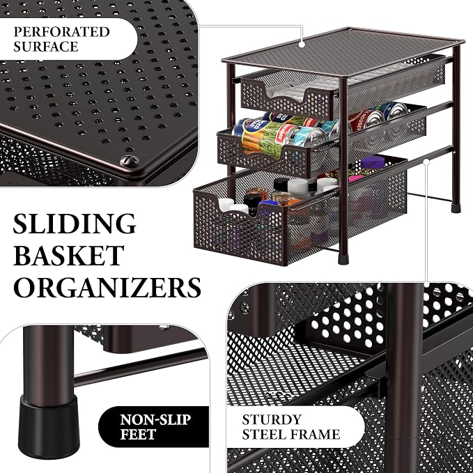 Simple Houseware Stackable 3 Tier Sliding Basket Organizer Drawer, Bronze - Image 4