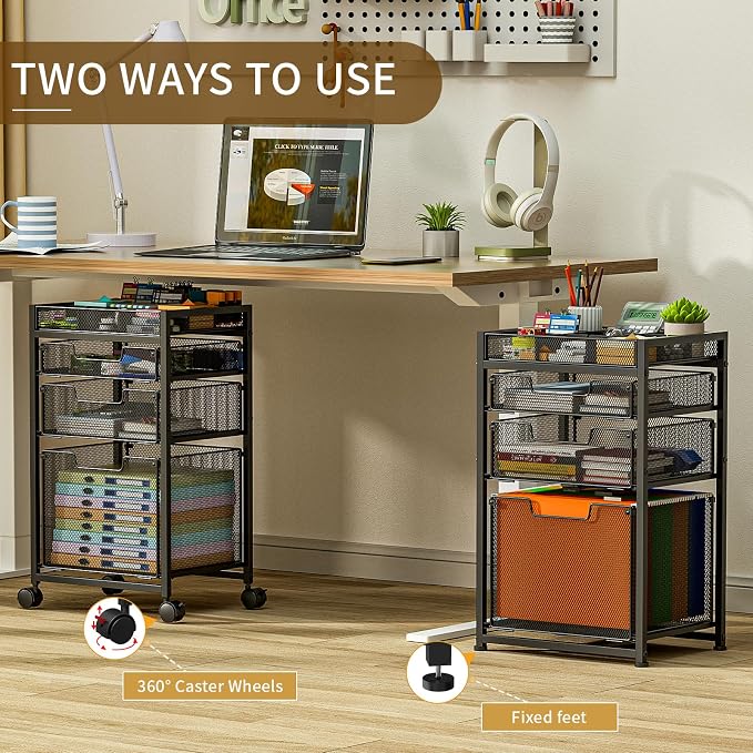 Rolling File Cart with 3 Storage Drawers, Under Desk Filing Cabinet with DIY Divider, Hanging File Folder Organizer on Wheels, Fits A4/Letter Size, Metal Utility Cart for Home Office, Black - Image 4