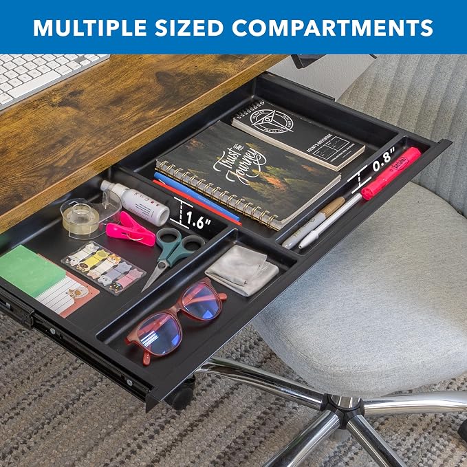 Mount-It! Under Desk Drawer with 4 Compartments, Deep Low-Profile Slide-Out Storage Organizer, 25.8″ x 12.5″ x 1.6″, Smooth Glide Pull-Out Tray for Traditional & Single Motor Standing Desks, Black - Image 4