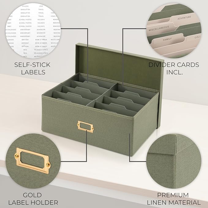 ZICOTO Decorative Photo Storage Box - Sturdy Linen Photo Organizer with Dividers is Perfect to Store Up to 1700 Pictures and 5x7 Photos - Portable Scrapbook Storage Containers with Lid - Image 6