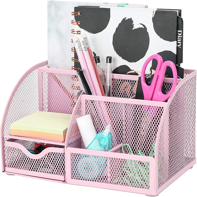 Exerz Desk Organizer 7 Compartments Metal Mesh Pen Holder Caddy Light Pink | Soft Color Desktop Storage for Notes Clips Scissors Rulers Craft Tools Makeup Study and Home Use by Exerz