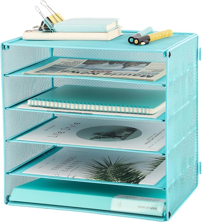 5 Slot Mesh Desk Organizer Tray, File Paper Letter Folder Holder Desktop Paper Sorter Mail Organization Rack Storage Accessories, for Office Home School Classroom, Blue by EASEPRES