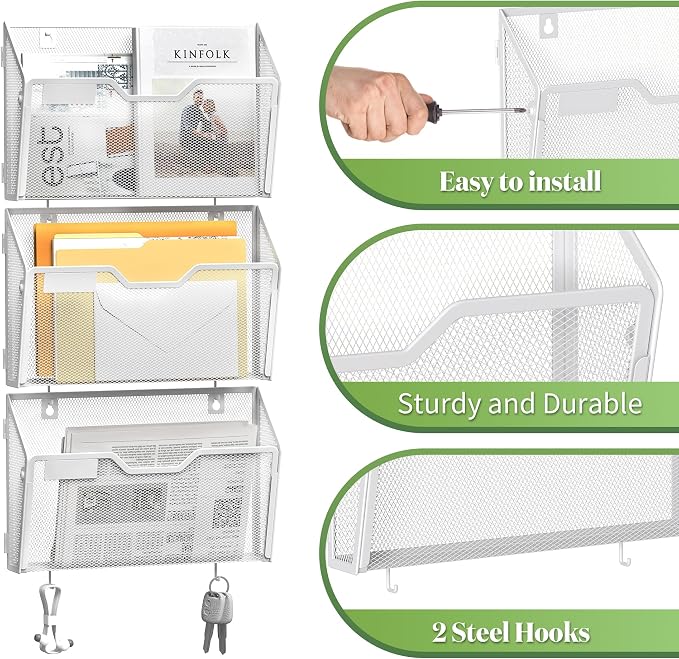 YINGHUA 3 Pack Wall Mounted Mesh File Folder Organizer with Hooks, White | 12.6" durable metal hanging baskets. Perfect vertical storage for mail, magazines and papers in office, home or school. - Image 4