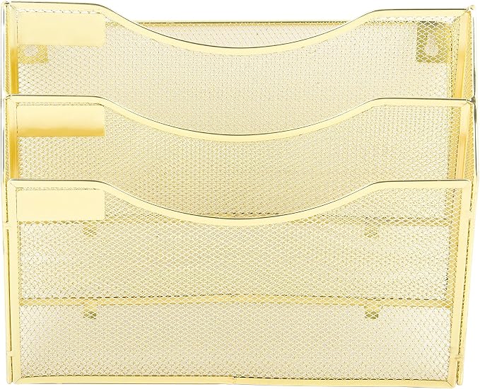 3 Pocket Mesh Hanging Wall File Organizer, Wall Mounted Mail Paper Document Folder Holder, Clipboard Storage Organization Magazine Rack with Nametag Label for Office Home School, Gold - Image 5