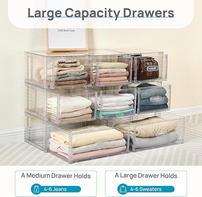 Vtopmart 5 Pack Large & Medium Storage Stackable Drawers Set | Easy Assembly Clear Plastic Storage Cabinet, Durable Dresser for Closet, Bedroom, Entryway, Playroom & Apartment Organization - Image 4