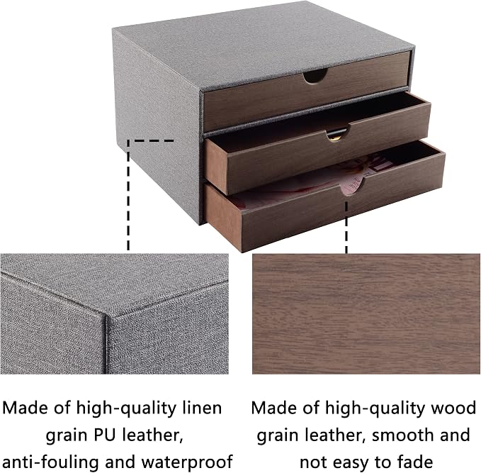Cloth-effect Faux Leather Desk Organizer File Cabinet Executive Office Supplies Desktop Filing A4 Contract Document Stackable Storage Box with 3 Drawers (Grey) - Image 6