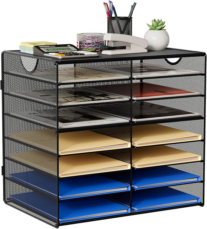 EasyPAG Paper Trays for Classroom 14 Tier Mesh Desk Organizer Shelves with Handle A4/Letter Size File Folder Organizer Shelf for Office, School, Home, Black by EasyPAG