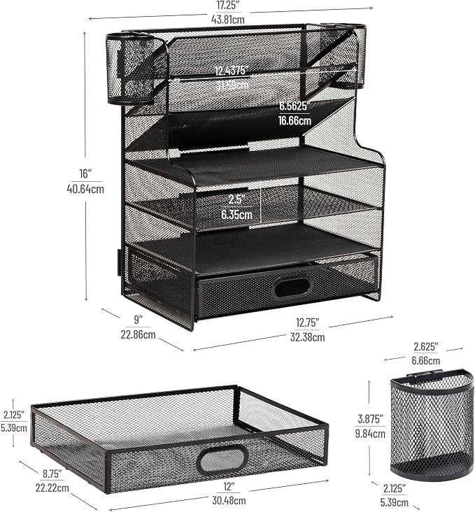 Mind Reader Mesh Desk Organizer, 6 Compartments, 1 Drawer, 2 Pen Cups, Office Desktop Organizer, Metal Mesh, Black - Image 3
