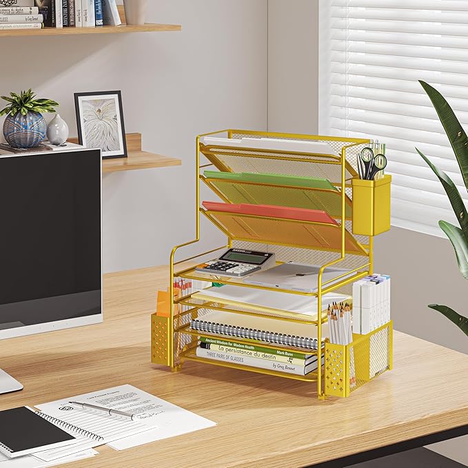 Simple Trending 7 Tier Desk File Organizer, Letter Tray Paper Organizer with Pen Holder and Metal Hanging Basket, Gold - Image 6