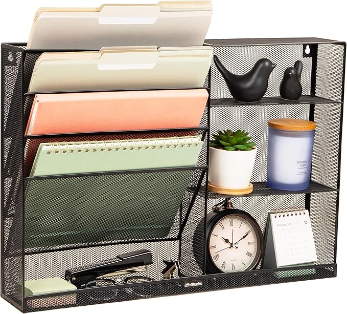 Mind Reader 4-Tier Vertical File Storage and Shelves, Desktop Organizer, Wall Mount, Office, Metal Mesh, 22.5"L x 4"W x 16"H, Black by MindReader