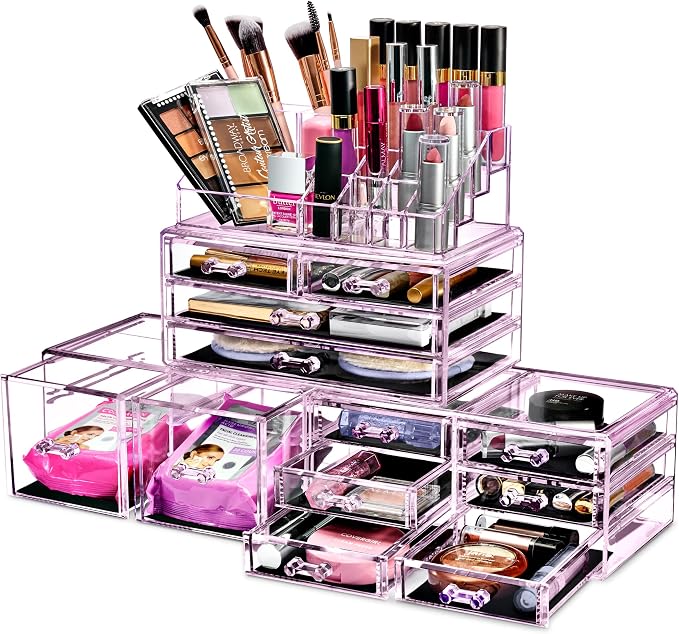 Sorbus Large Makeup Organizer - Clear Stackable Jewelry & Makeup Organizer For Vanity, Bathroom Storage, Dresser - 12 Drawers Cosmetic Beauty Organizers and Storage with Lipstick, Makeup Brush Holder by Sorbus