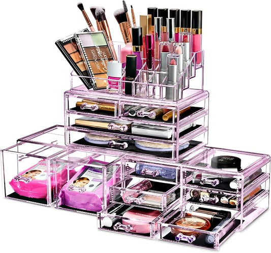 Sorbus Large Makeup Organizer - Clear Stackable Jewelry & Makeup Organizer For Vanity, Bathroom Storage, Dresser - 12 Drawers Cosmetic Beauty Organizers and Storage with Lipstick, Makeup Brush Holder by Sorbus