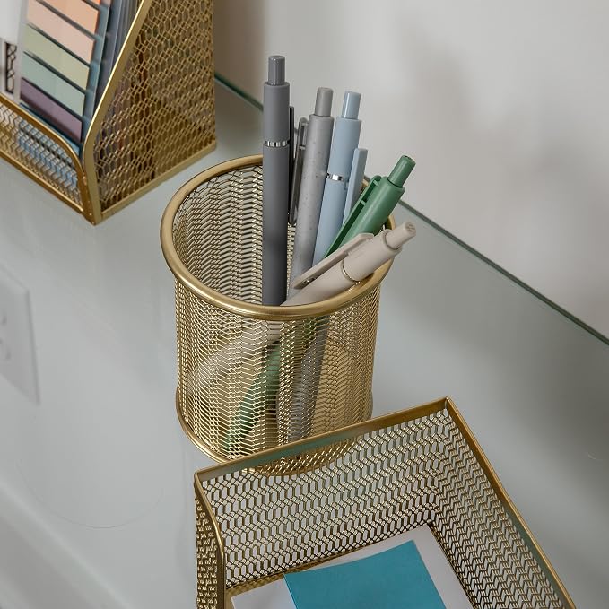 Martha Stewart Ryder 6-Piece Mesh Metal Desktop Organizer Set, Gold | Steel Mesh, Gold Finish - Image 4