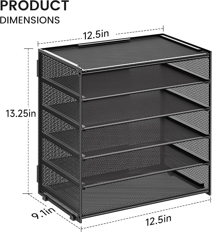6 Trays Paper Organizer with Handle - Mesh Desk File/Letter Paper Sorter Organizer for Office, Home or School (Black with Closed top) - Image 2