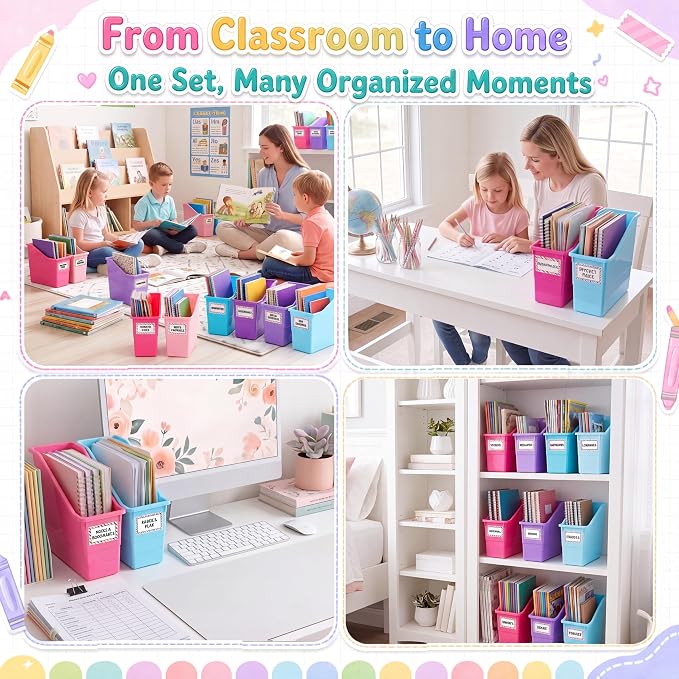 Blosssound 6 Set Book Bins for Classroom with Label Sticker Book Box Baskets Plastic Stackable Organizing Bins Storage & Organization for Classroom Library Home School Supplies (Purple Pastel) - Image 4