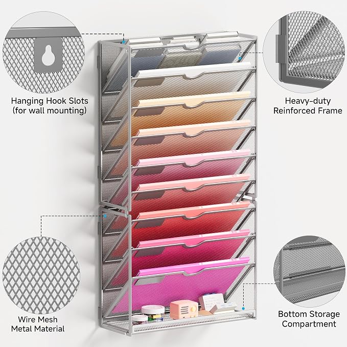 Lavatino 10-Tier Hanging Wall File Folders Organizer - Silver Metal Mesh Paper Magazine Document Mail Holder File Organizer for Office School Home Wall Mount or Desk Supplies Organization - Image 3