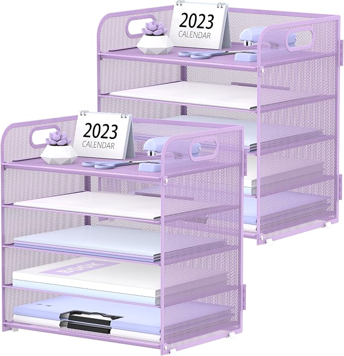 2 Pack 5-Tier Purple Desk Organizer with Handle Mesh Desk File/Paper Organizer Letter Tray for Office, School and Home Easy Installation Purple Office Supplies by SUPEASY