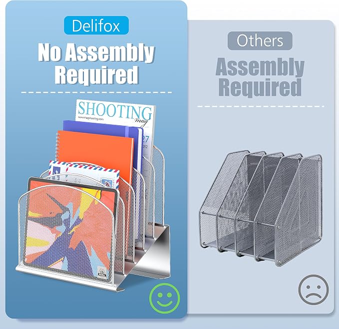 Delifox Inclined Desk File Organizer,Vertical File Folder Holder Stand Metal Rack File Sorter for Office Classroom Desktop Organization (1, Silver, 5) - Image 6