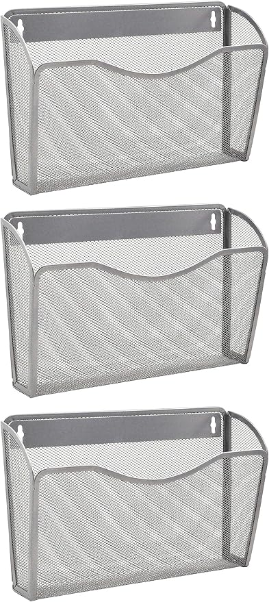 3 Single Pocket Mesh Hanging File Organizer, Vertical Wall Mounted Magazine File Holder, Mount Basket Mail Paper Document Folder Organizing for Office, Home and School, Silver by EASEPRES