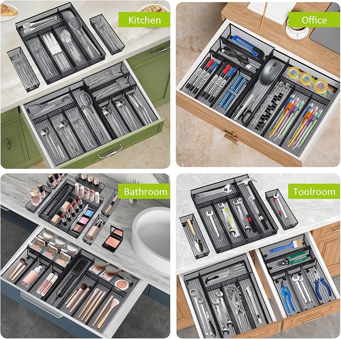 Neudeco Drawer Organizer Set, Black Mesh, 6 Pack | 5-Compartment Silverware Organizer Tray, 5 Utensil Trays, For Flatware, Cutlery, Office Supplies, Non-Slip - Image 7