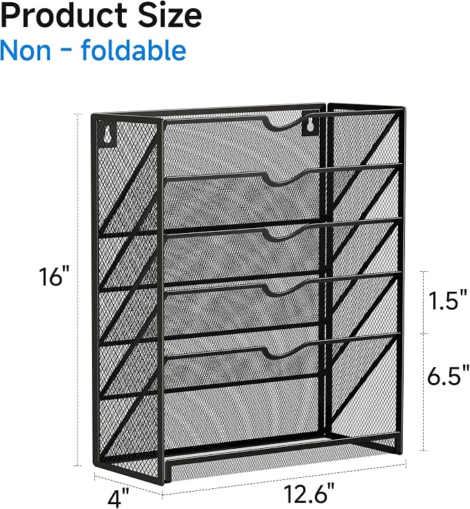 Lavatino 6-Tier Mesh Hanging Wall File Organizer with Hooks – No Installation Needed, Paper Mail Organizer Wall-Mounted File & Magazine folder Holder for Office and Home (Black) - Image 2