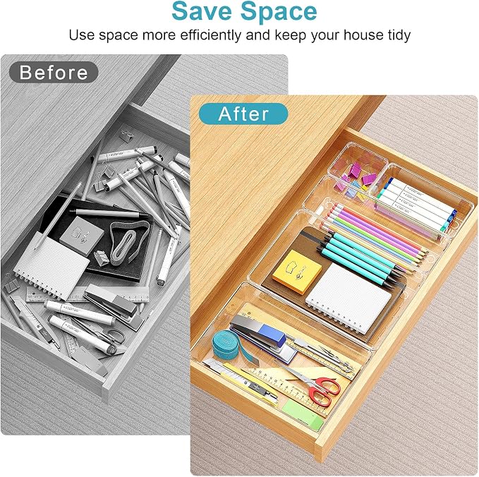 Manalete Drawer Organizers Set of 65, 4 Sizes Clear Plastic Drawer Organizers and Storage Bins for Kitchen, Bathroom, Office, Dresser Desk Drawer Organizer Tray for Jewelry, Makeup, Junk, Gadgets - Image 3