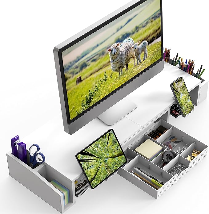 Simple Houseware Desk Dual Monitor Stand Riser with Drawer, White | Customizable Organizer Tray, Built-In Phone & Tablet Slot and Side Storage - Image 2