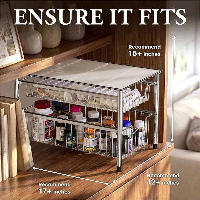 Simple Houseware Stackable 2 Tier Sliding Basket Organizer Drawer, Chrome - Image 3