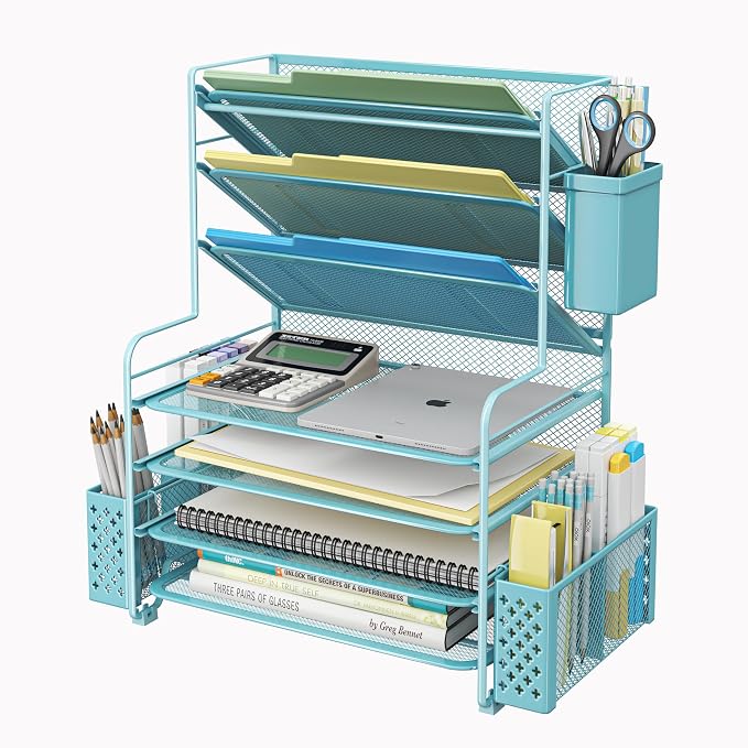 Simple Trending 7 Tier Desk File Organizer, Letter Tray Paper Organizer with Pen Holder and Metal Hanging Basket, Blue by SimpleTrending